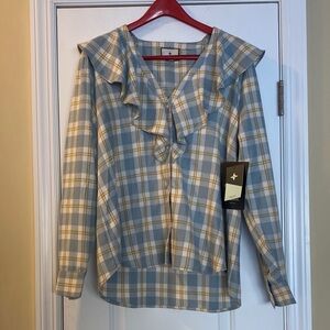 Tuckernuck Butter Soft Blue Plaid Ruffles Button Down Shirt NWT